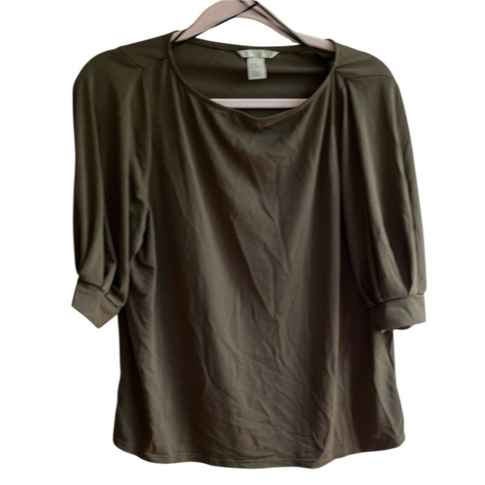 H&M Blouse 3/4 Sleeves Size M Olive Green Crepe Crew Neck Career Modest Office